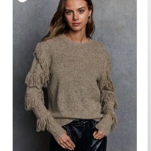 Autumn Cashmere Crewneck Fringe Sleeve Sweater In Gravel Size Small NWT $385